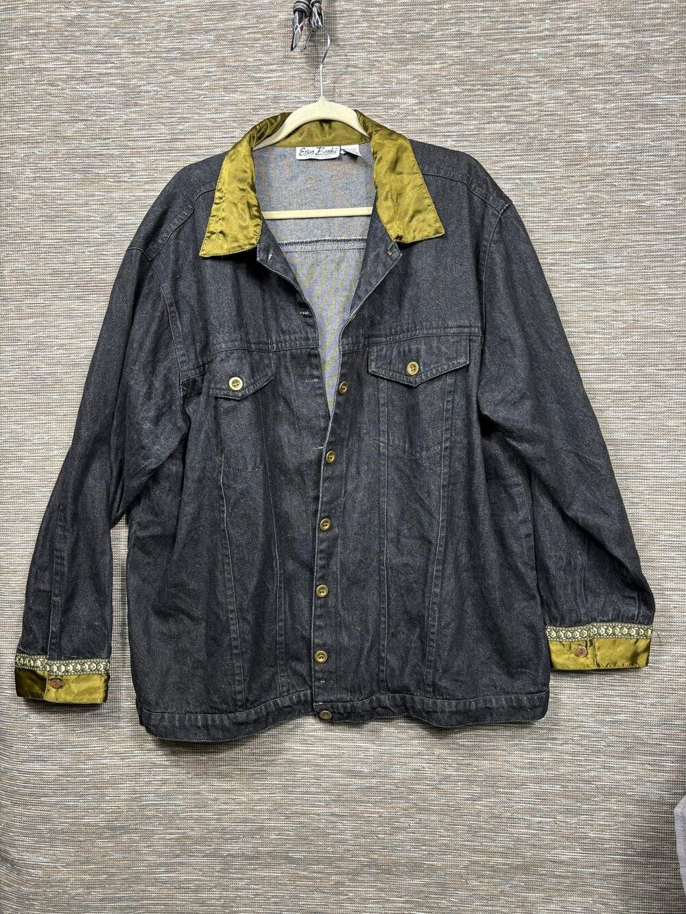 Vintage Erin Brock Collection Jacket Womens 2X Gray Denim Gold Beaded Cuffs Plus